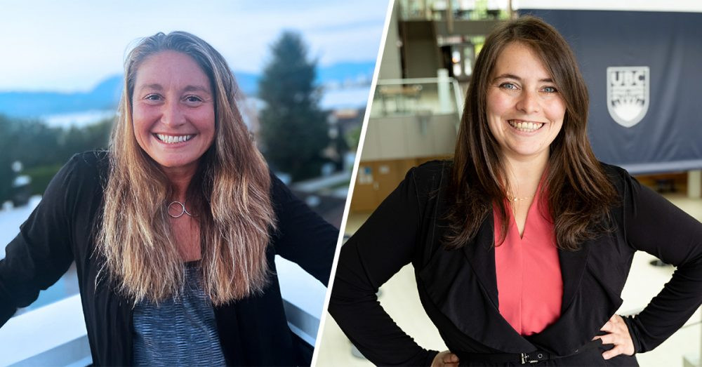 Two women stand with their hands on their hips looking into the camera. The photos are combined.